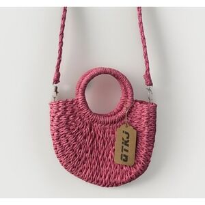QTKJ PINK Woven Straw Beach Handbag Large Capacity Women Crossbody‎ Shoulder Bag